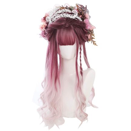 Purple Red Gradient Light Pink Synthetic Long Curly Hair Wig Japanese  Rooming Face Natural Cute Girls  Wigs