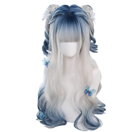 Irregular Coloring Body Wave Synthetic Long Hair Wig Blue Gradient White Gradient Blue  Beauty Japanese Girl  Wig