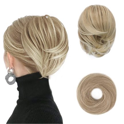 Straight Hair Bun Extensions - Short Straight Ponytail Blonde Hair Bun Extensions for Women, Synthetic Elastic Messy Bun Scrunchies Hairpieces Daily - Light Ash Blonde Mix