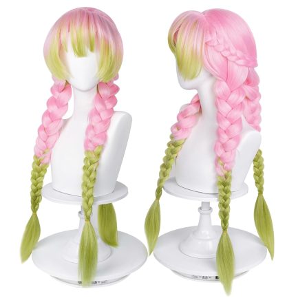 Anime Pink and Green Wig for   Braided Hair Wig with Pigtails Halloween Party Wig + Cap