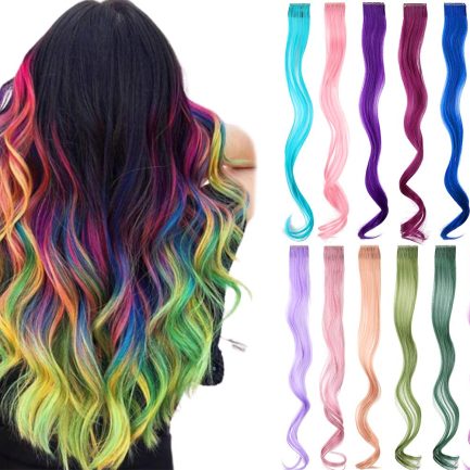 Colored hair extensions 22 Inch Rainbow Hair Synthetic straight Hair Extensions for Women Girls Kids Gift Multi-Colors Party Clip in Synthetic Hairpiece