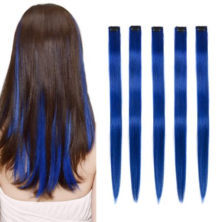 5 Pcs blue hair extensions 18 Inches Colored Christmas Party Highlights Straight Hair Clip in Human Hair Extensions in Multiple Colors