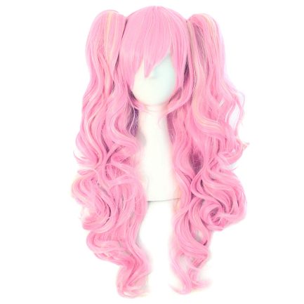 Multi-color  Long Curly Clip on synthetic Ponytails  Wig (Pink/Blonde)