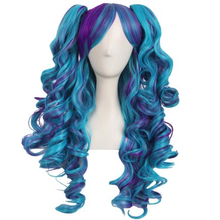 Multi-color  Long Curly Clip on Ponytails  Wig (Dark Purple/Cyan Blue)