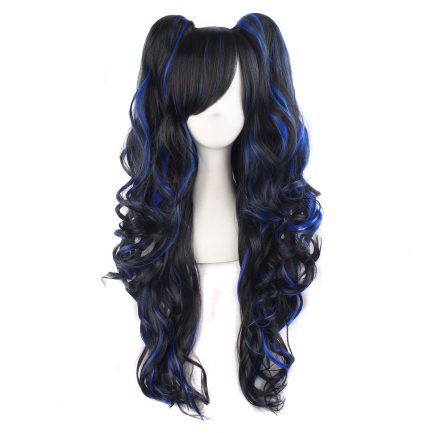 Multi-color  Long Curly Clip on Ponytails  Wig (Black/Blue)
