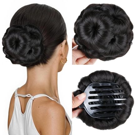 Hair Buns Hair Pieces for Women Fake Hair Bun Extension Hairs Chignon Pony Tail Bun Artificial Synthetic Tress Claw In Ponytail Hair Extension Women's Hairpiece (Natural Black)