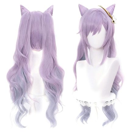 Purple   Wig with Horns Pigtails Game Anime Pastel  Hair Wigs with Twin Ponytails + Cap Long