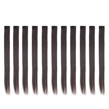 Bundle 11 Pieces Single Color 21 Inches Straight Party Highlights Clip In Synthetic Hair Extensions  Halloween Costume (Dark Brown)