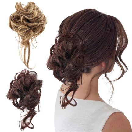 2 Pcs Messy Buns Hair Pieces for Women, Curly Wavy Messy Bun Hair Piece Claw Clips for Girls, Natural Ponytail Hairs Buns for Thin or Short Hairs (Dark Brown & Dark Brown Mix Golden Brown)