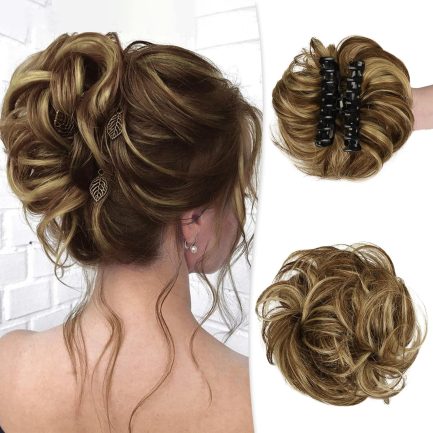 Claw Clip Messy Bun Hair Piece Real Human Hair Buns Wavy Curly Chignon Hair Bun Extensions Tousled Updo Hair Buns Claw Clip Ponytail Hairpieces - Brown with Blonde Highlights