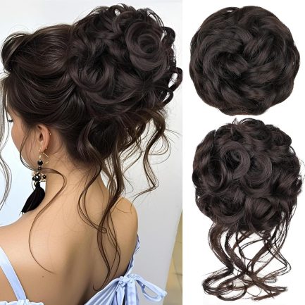 2PCS Messy Bun Hair Piece Wavy Curly Synthetic Updo Chignon Fake Scrunchies Ponytail Extension for Women Dark Brown